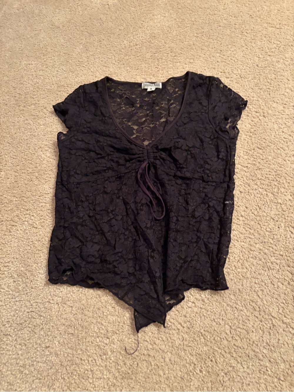 Semi-Sheer Black Lace V-Neck Tie-Front Blouse